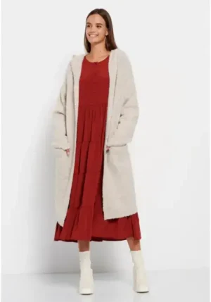 Oversized μακριά πλεκτή ζακέτα με κουκούλα FBL008 137 09 Chalk