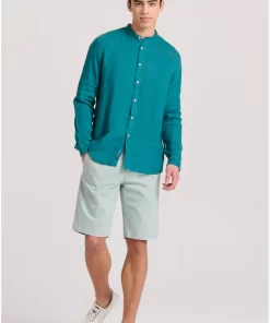 Garment dyed λινό πουκάμισο με λαιμό mao FBM009 003 05 Deep Teal (3)