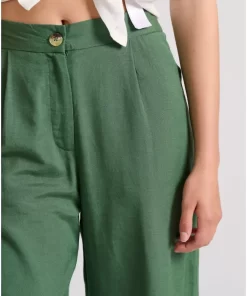 Wide leg linen blend παντελόνα με μονή πιέτα FBL009 106 02 Mineral Green (2)
