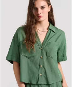 Loose fit linen blend πουκάμισο με τσέπες στο στήθος FBL009 105 05 Mineral Green