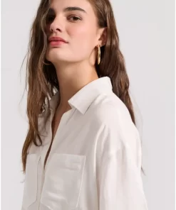 Loose fit linen blend πουκάμισο με τσέπες στο στήθος FBL009 105 05 White (2)