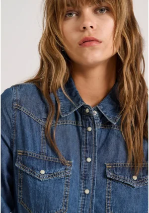 Γυναικείο garment dyed τζιν πουκάμισο FBL010 115 05 Blue Denim (3)