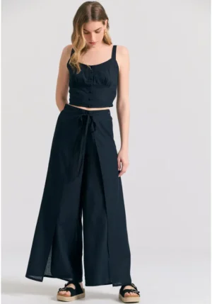Linen blend μονόχρωμο cropped τοπ FBL011 102 17 Black (2)
