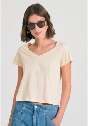 Γυναικείο βαμβακερό t shirt με άνοιγμα V FBL011 106 04 Chalk