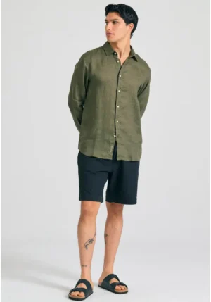 Μακρυμάνικο λινό πουκάμισο FBM011 001 05 Khaki (3)