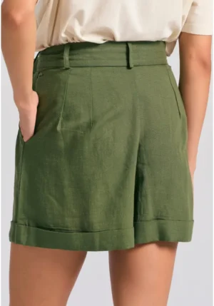 Loose fit linen blend σόρτς με πιέτες και ζώνη FBL011 101 03 Khaki (2)