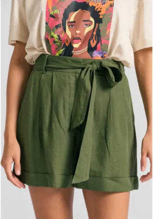 Loose fit linen blend σόρτς με πιέτες και ζώνη FBL011 101 03 Khaki (3)