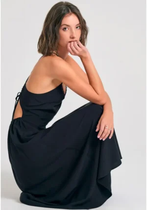 Lyocell blend midi φόρεμα με ανοιχτή πλάτη FBL011 116 13 Black (2)