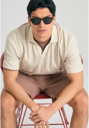 Relaxed fit linen blend μπλούζα πόλο FBM011 012 11 Cigar (3)
