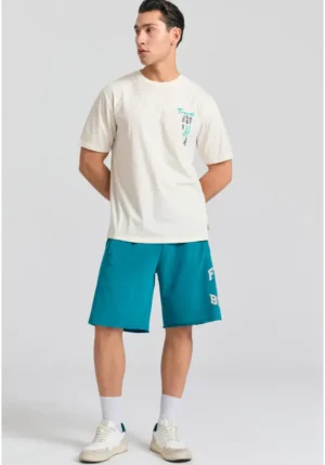 Wide leg fit αθλητική βερμούδα με branded τύπωμα FBM011 051 03 Peacock (2)