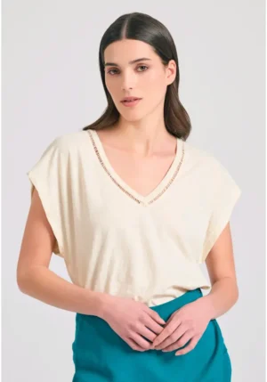 Γυναικείο linen blend μονόχρωμο t shirt FBL011 110 04 Chalk