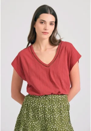 Γυναικείο linen blend μονόχρωμο t shirt FBL011 110 04 Earth Red (2)