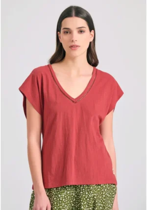 Γυναικείο linen blend μονόχρωμο t shirt FBL011 110 04 Earth Red (4)