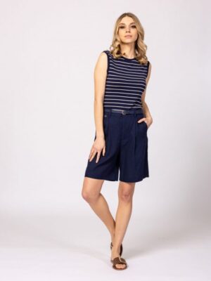 Γυναικεία λινή βερμούδα με φαρδύ πόδι WinriT46005 Navy (3)