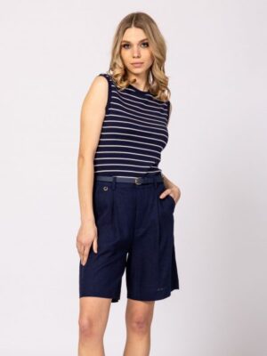 Γυναικεία λινή βερμούδα με φαρδύ πόδι WinriT46005 Navy (4)