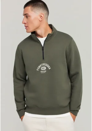 half zip φούτερ με branded τύπωμα FBM012 020 06 Dusty Olive (4)