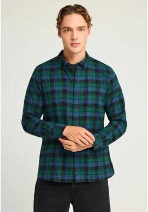 Ανδρικό καρό πουκάμισο με button down γιακά FBM012 016 05 Deep Emerald