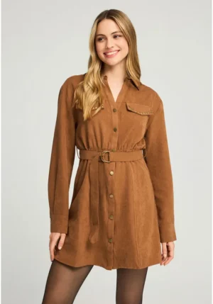 Φόρεμα με γιακά και ζώνη FBL012 138 13 Chestnut