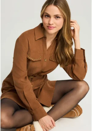 Φόρεμα με γιακά και ζώνη FBL012 138 13 Chestnut (4)