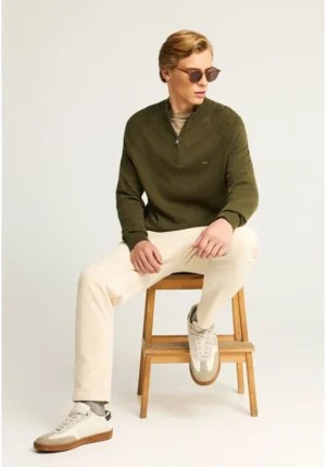 Ανδρικό μονόχρωμο half zip πλεκτό πουλόβερ FBM012 003 09 Dusty Olive (2)