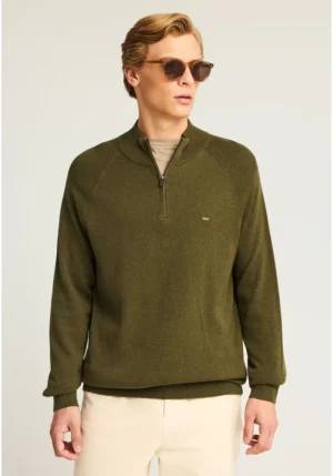 Ανδρικό μονόχρωμο half zip πλεκτό πουλόβερ FBM012 003 09 Dusty Olive