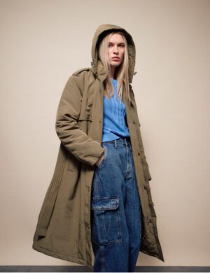 Γυναικείο μακρύ μπουφάν με κουκούλα 54 101 035 Khaki (4)