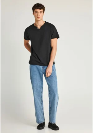 T shirt με λαιμό henley και raw cuts FBM013 004 04 Black (3)