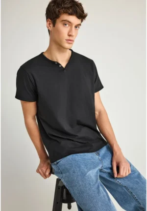 T shirt με λαιμό henley και raw cuts FBM013 004 04 Black
