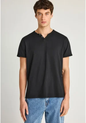 T shirt με λαιμό henley και raw cuts FBM013 004 04 Black (4)