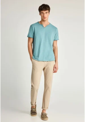 T shirt με λαιμό henley και raw cuts FBM013 004 04 Mineral Blue (3)