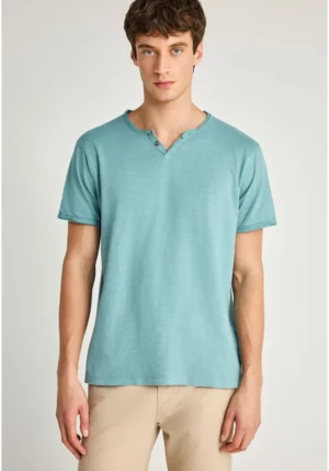 T shirt με λαιμό henley και raw cuts FBM013 004 04 Mineral Blue (4)