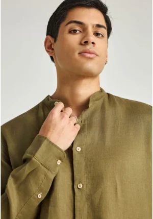 Λινό πουκάμισο με λαιμό mao FBM013 003 05 Khaki (4)